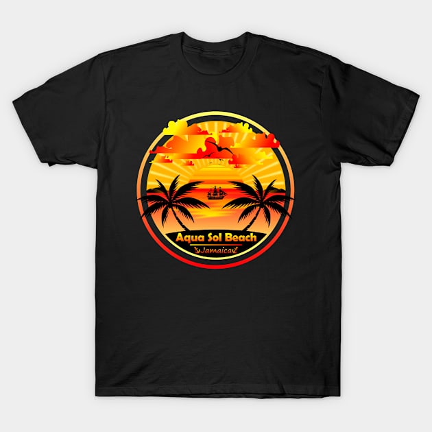 Aqua Sol Beach Jamaica, Palm Trees Sunset Summer T-Shirt by Jahmar Anderson